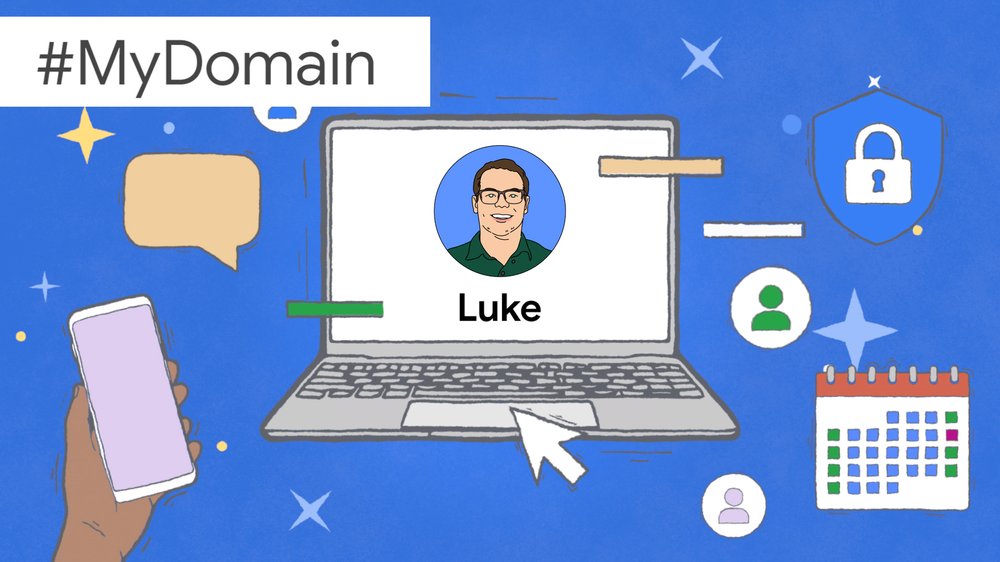 An illustration showing Luke's face and name on a laptop screen, surrounded by images symbolizing productivity.