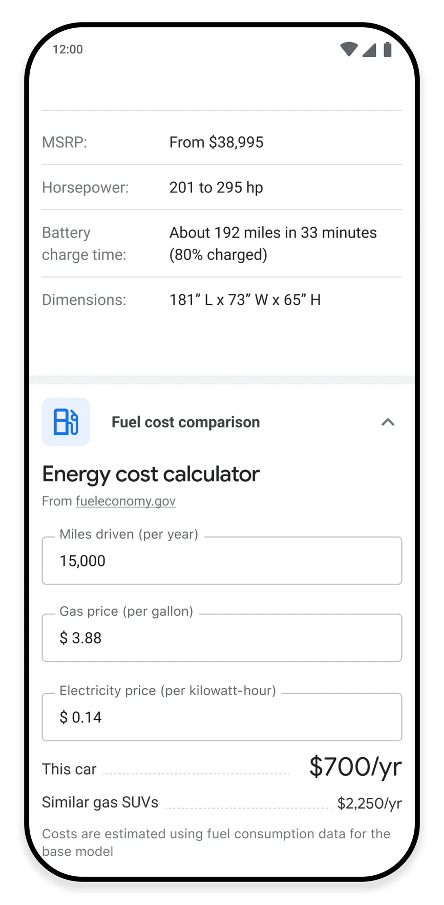 L'image montre le coût du carburant par rapport à celui de l'électricité pour un kilométrage donné.