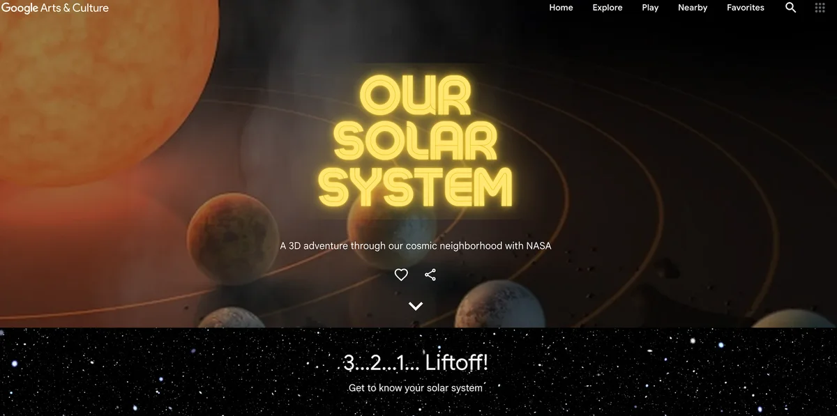 planets are orbiting in the background - the text on the image reads "our solar system. A 3D adventure through our cosmic neighborhood with NASA. 3..2..1 liftoff!"