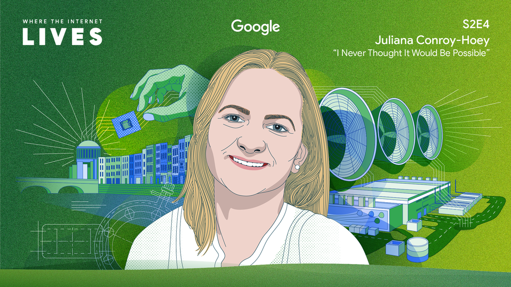 Illustration of Juliana smiling against a green background. She has long blonde hair and is wearing a white shirt and pearl earrings. Images in the background include a hand reaching for a computer chip, a data center, the skyline of Dublin, Ireland and industrial-sized fans.