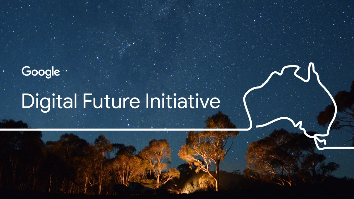 Trees illuminated against the background of a dark-blue night sky filled with stars. Superimposed on the image are the Google logo, the words Digital Future Initiative, and a horizontal line that becomes a sketch of the shape of Australia.