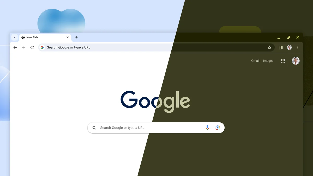 Chrome auf dem Desktop zeigt die neuen Designelemente im Browser mit den helleren und dunkleren Designs nebeneinander an.