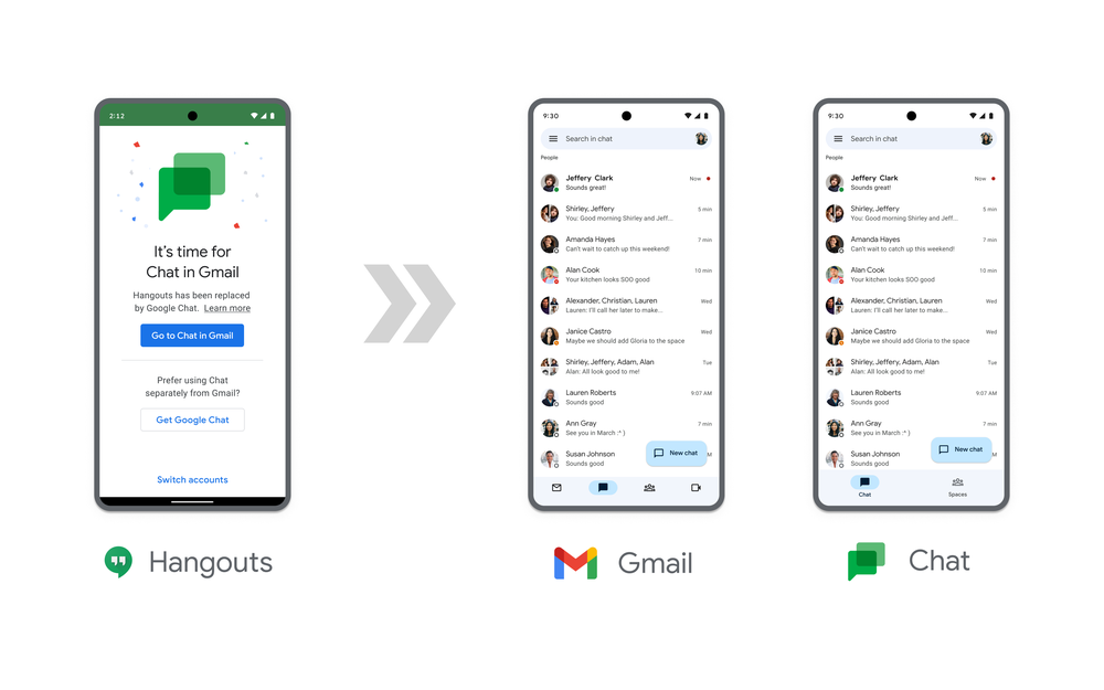 An image showing a prompt asking users to upgrade to Hangouts app, and the experience they will get once they upgrade to Chat in Gmail or the Chat app.
