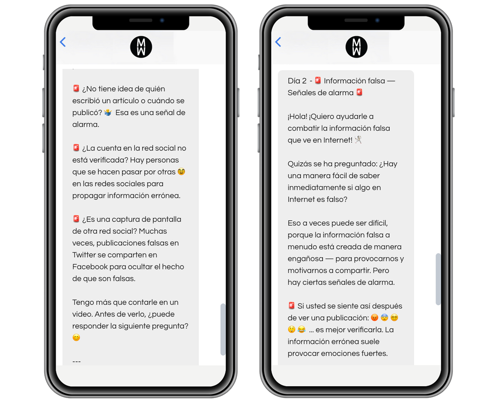 Two mobile phones side by side. Both are showing a text message of paragraphs in Spanish, including various emojis like fire alarms and smiley faces.