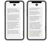 Two mobile phones side by side. Both are showing a text message of paragraphs in Spanish, including various emojis like fire alarms and smiley faces.
