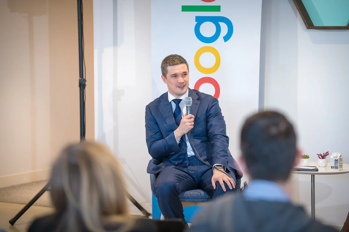 Picture of Ukraine Prime Minister Mykhailo Federov speaking at Google's offices in Washington, DC