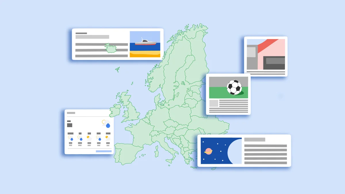 An illustration of a map of Europe with boxes symbolizing search results on the internet