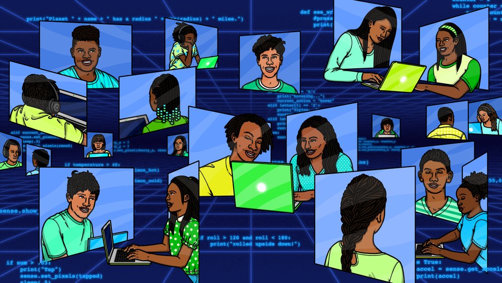 Illustration of students smiling while working on their laptops together. They are each in their own squares to show a virtual environment, with a dark blue background and code snippets overlaid.