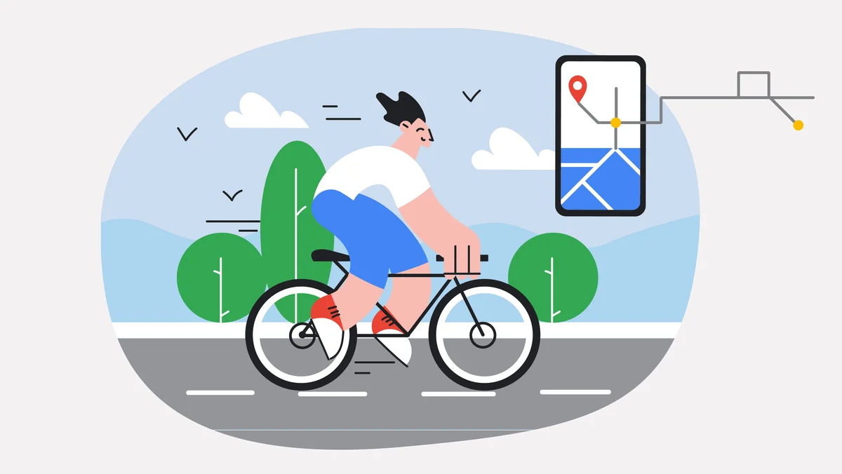 Ilustracion de una persona en bicicleta y pantalla de celular con maps