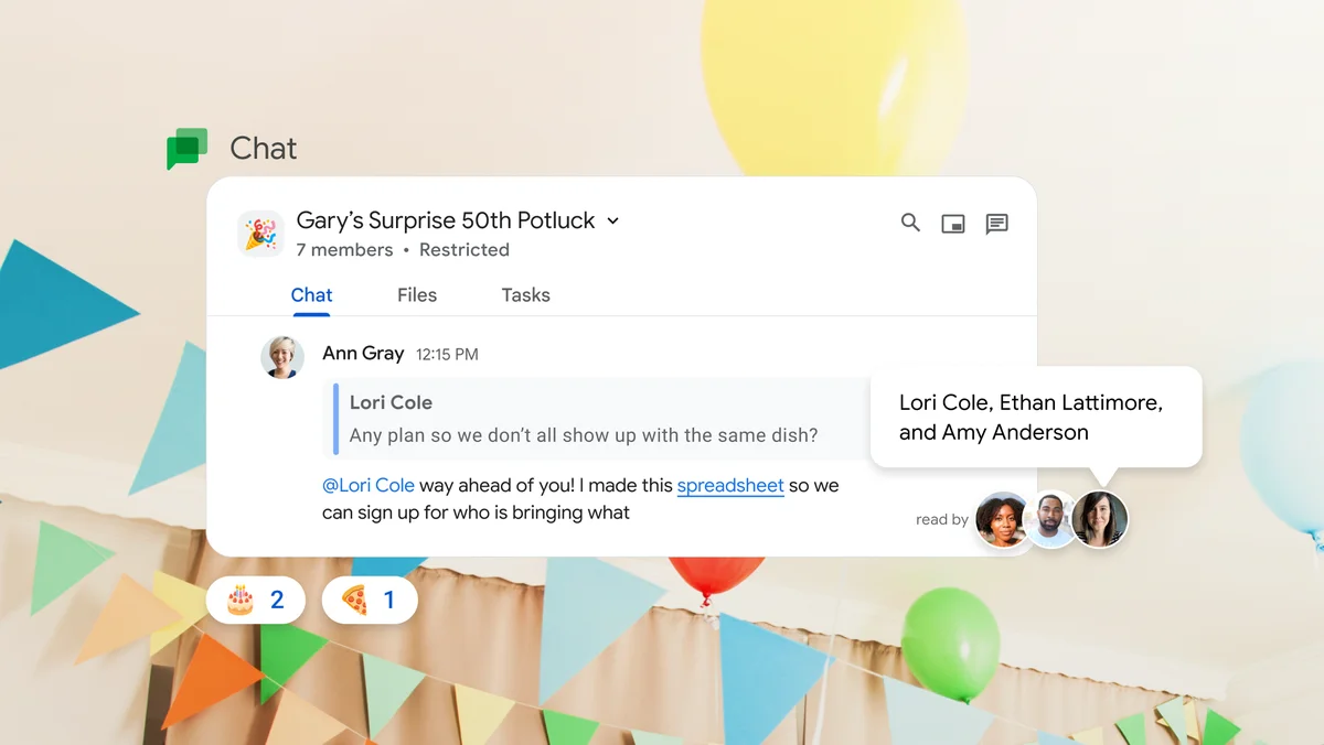 A Google Chat group titled “Gary’s Surprise 50th Potluck” shows messages from Ann Gray and Lori Cole. In the background are party decorations like balloons and flags.