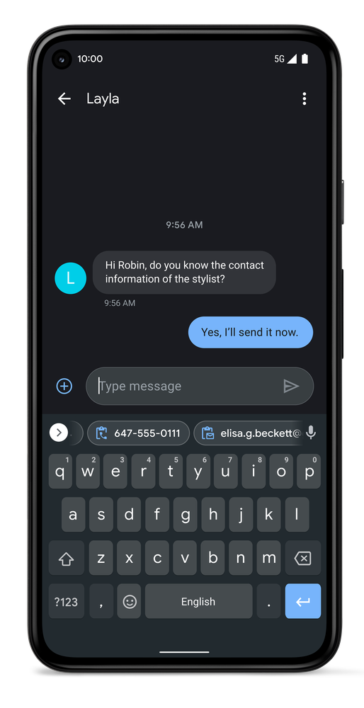 Image showing a Pixel 5 with the messages app open, and a suggested keyboard clip of a recently copied phone number.