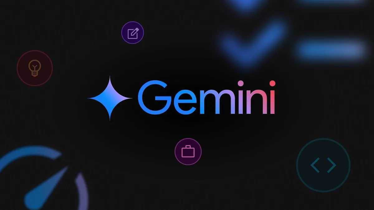 Das Gemini-Logo, ein stilisiertes Wortzeichen in einem Farbverlauf von Blau nach Rot, zentriert auf einem dunklen Hintergrund. Um das Logo herum befinden sich verschiedene Symbole, die Ideen, Aufgaben, Geschwindigkeit und Codeentwicklung darstellen.