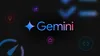 The Gemini logo, a stylized wordmark in a gradient from blue to red, centered on a dark background. Surrounding the logo are various icons representing ideas, tasks, speed, and code development.