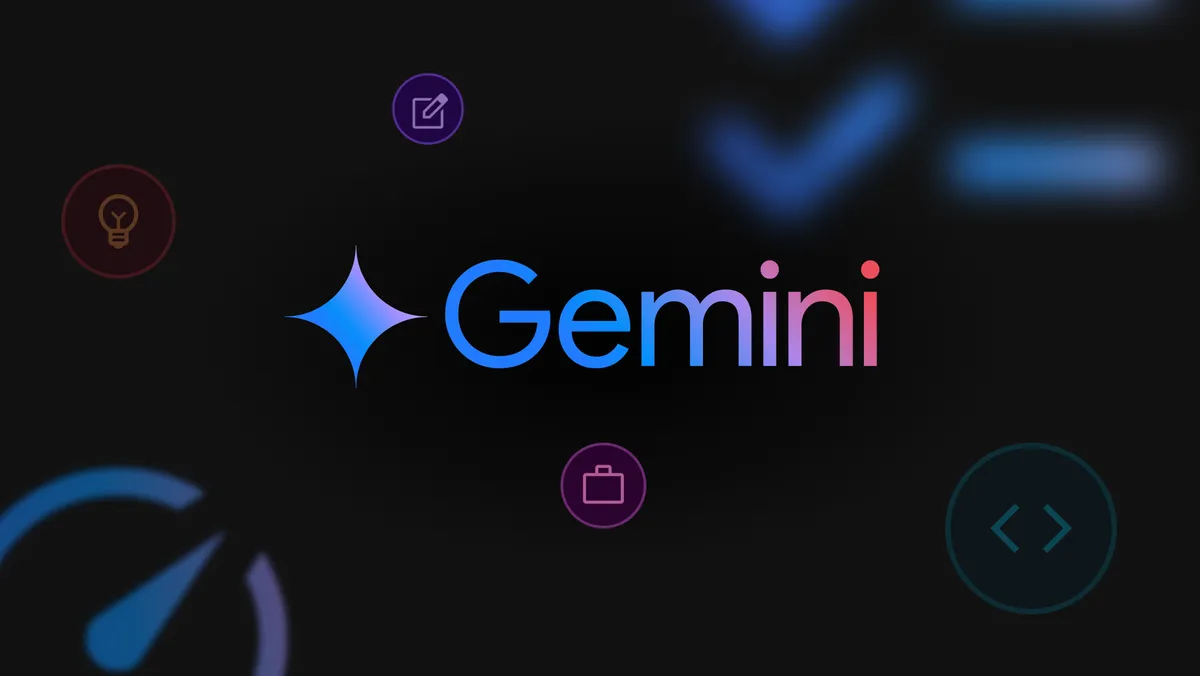 Le logo Gemini, un mot-symbole stylisé dans un dégradé de bleu à rouge, centré sur un fond sombre. Autour du logo, diverses icônes représentant des idées, des tâches, la vitesse et le développement de code.