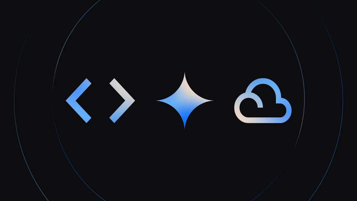 < > symbols, a Gemini spark and a Google Cloud icon