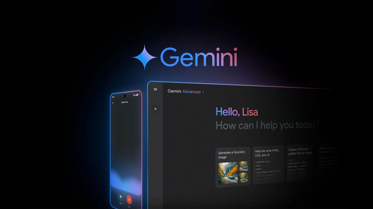 Immagine di Gemini su sfondo nero, con un esempio di schermata di ricerca da desktop