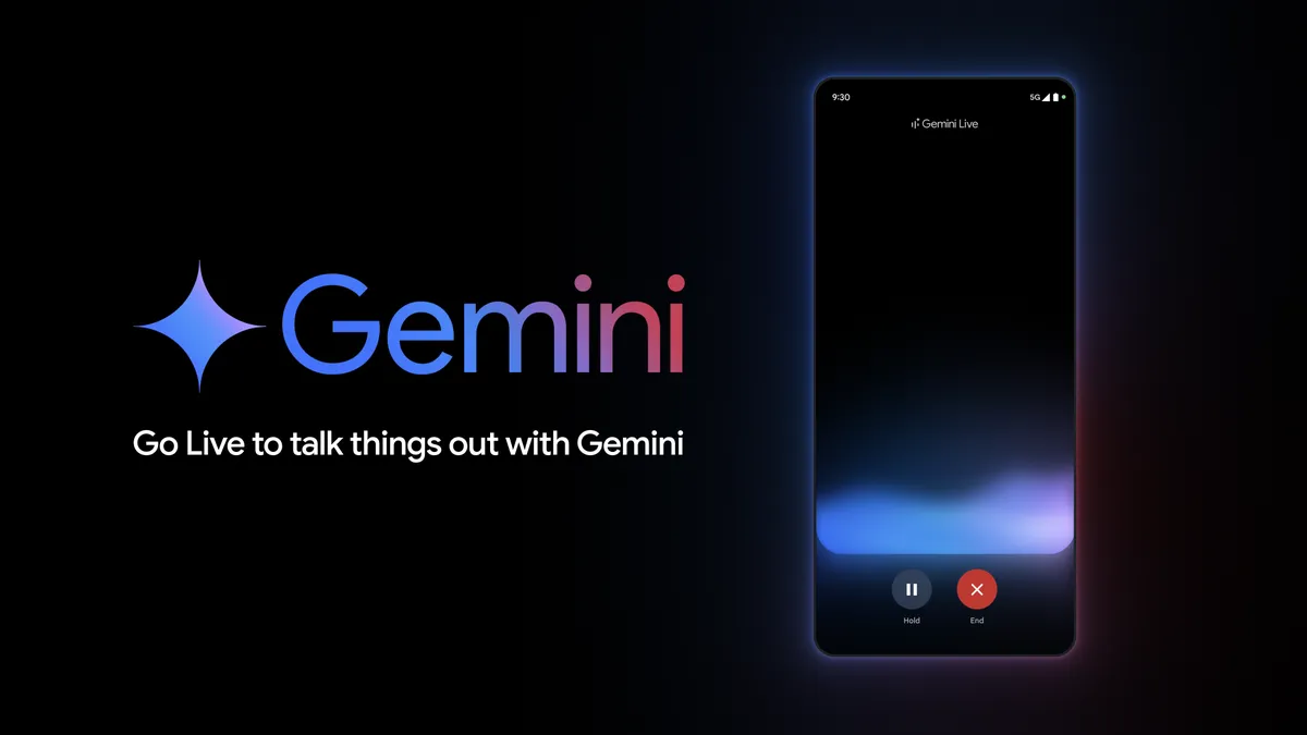 Gemini con el texto “A truly helpful personal AI assistant”, junto a un smartphone con Gemini Live en la pantalla.