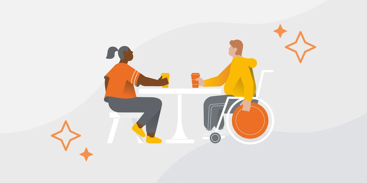 An illustration of two people, one in a wheelchair, sitting at a table drinking coffee.