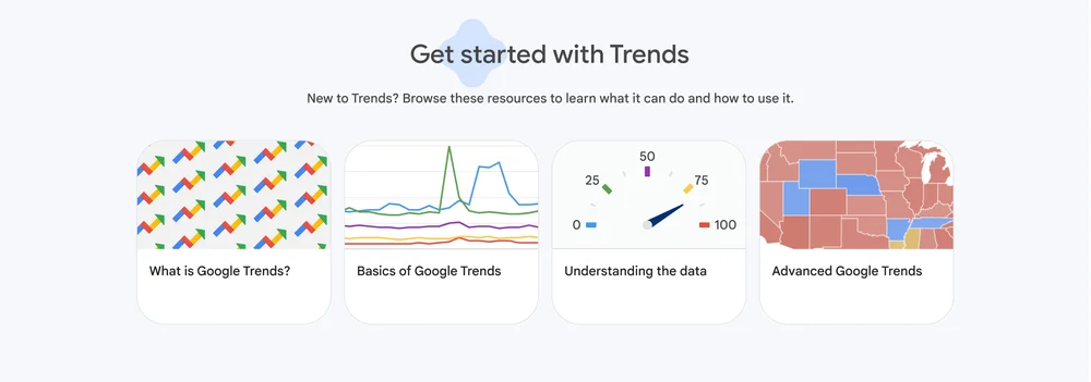 La imagen muestra recursos para ayudarlo a aprender qué puede hacer Trends y cómo usarlo, incluidos tutoriales llamados "¿Qué es Google Trends?", "Conceptos básicos de Google Trends", "Comprender los datos" y "Advanced Google Trends".