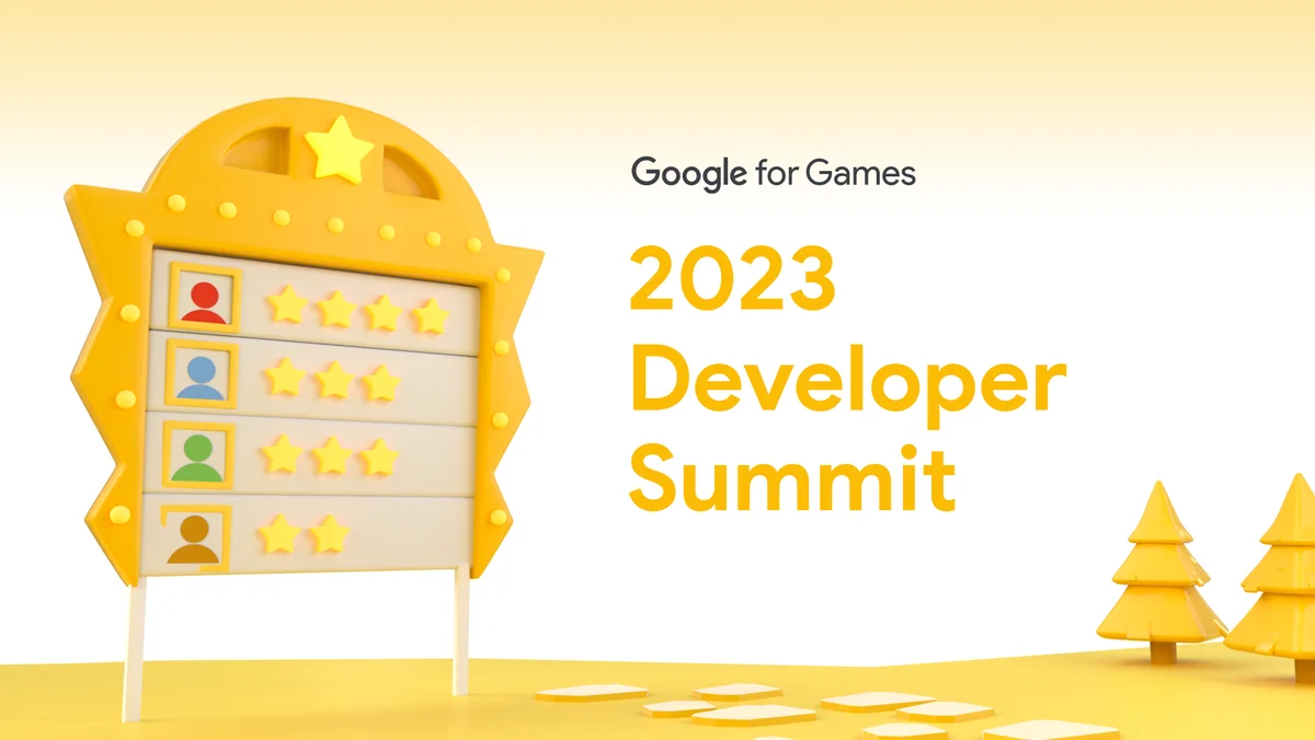 Game panel featuring player ranking based on the number of stars with “Google for Games 2023 Developer Summit” text on the right
