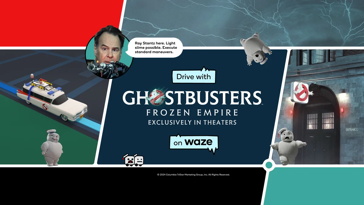 Ghostbusters Frozen Empire exclusively in theaters appears in larger white text with a headshot of Dan Aykroyd saying “Ray Stantz here. Light slime possible. Execute standard maneuvers” and images of Ghostbusters’ Mini-Pufts and entrance to HQ.