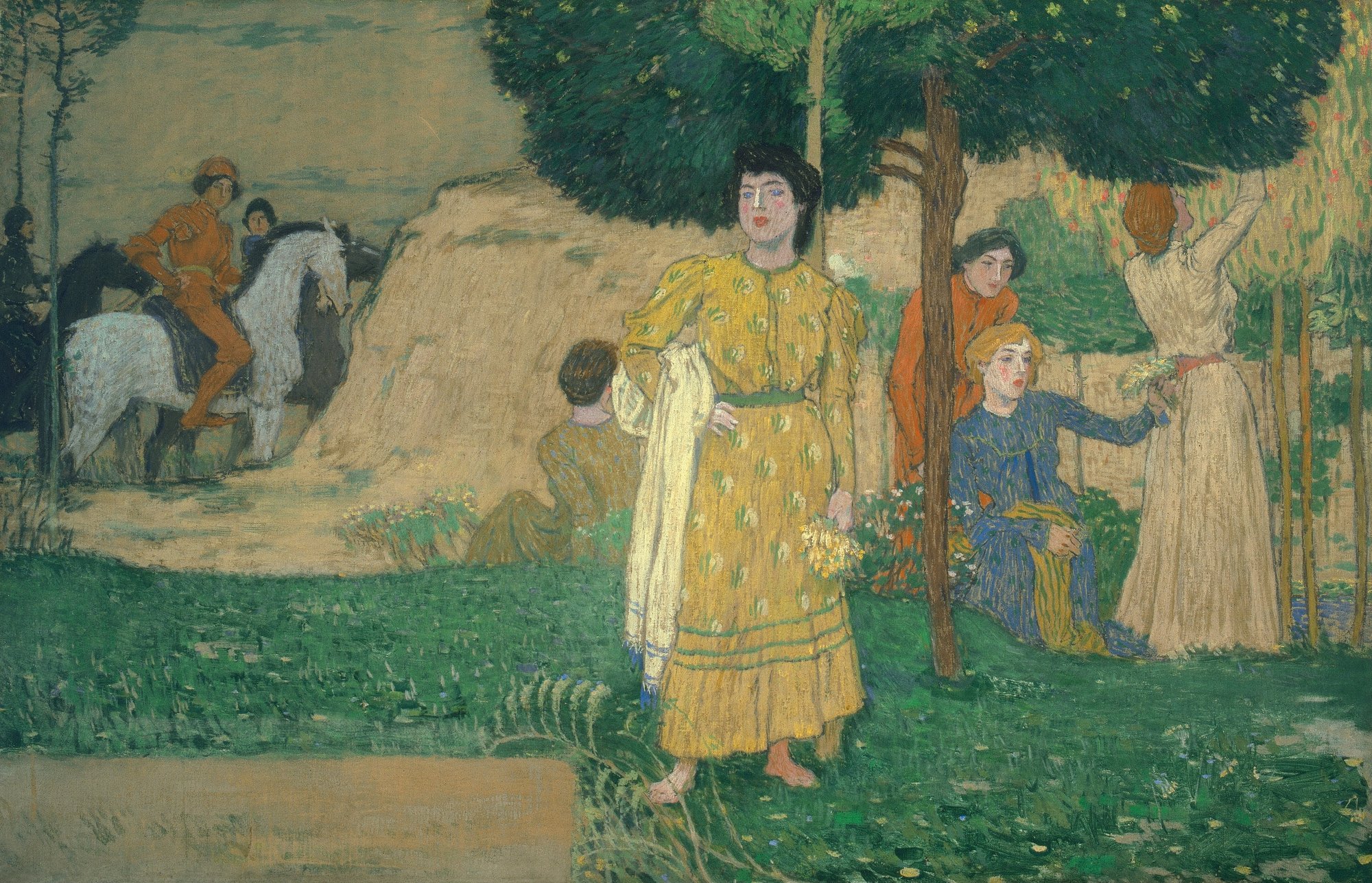 A painting of a green meadow with women gathering fruit from the trees and three male horsemen in the background.