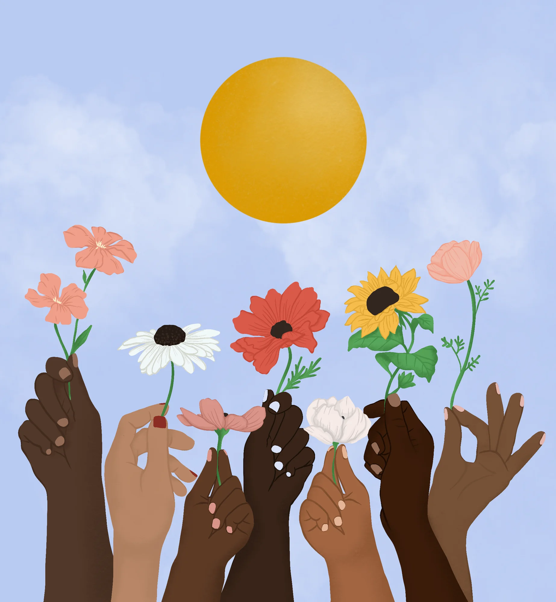 An illustration of seven hands holding flowers up to the sun, in front of a blue sky background