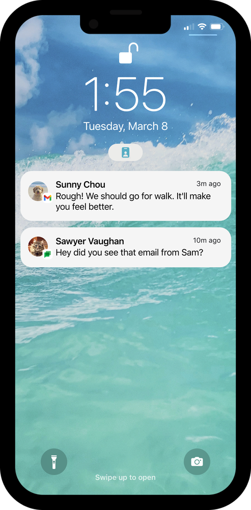 An iPhone Home Screen showing Gmail and Chat notifications in Work Focus Mode. The iPhone’s background is ocean waves, and the chat notifications are from “Sunny Chou” and “Sawyer Vaughan” with a dog and cat as their profile photos.