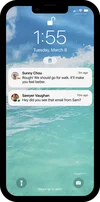 An iPhone Home Screen showing Gmail and Chat notifications in Work Focus Mode. The iPhone’s background is ocean waves, and the chat notifications are from “Sunny Chou” and “Sawyer Vaughan” with a dog and cat as their profile photos.