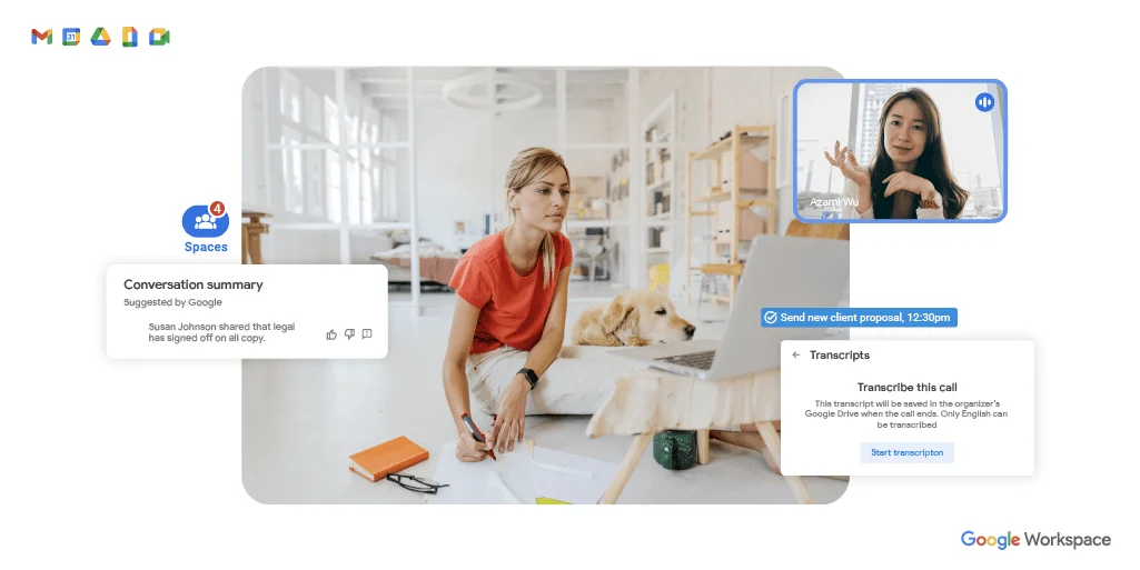 Image shows a woman working at a desk taking a video call. There are abstract images of various Google Workspace tools around her.