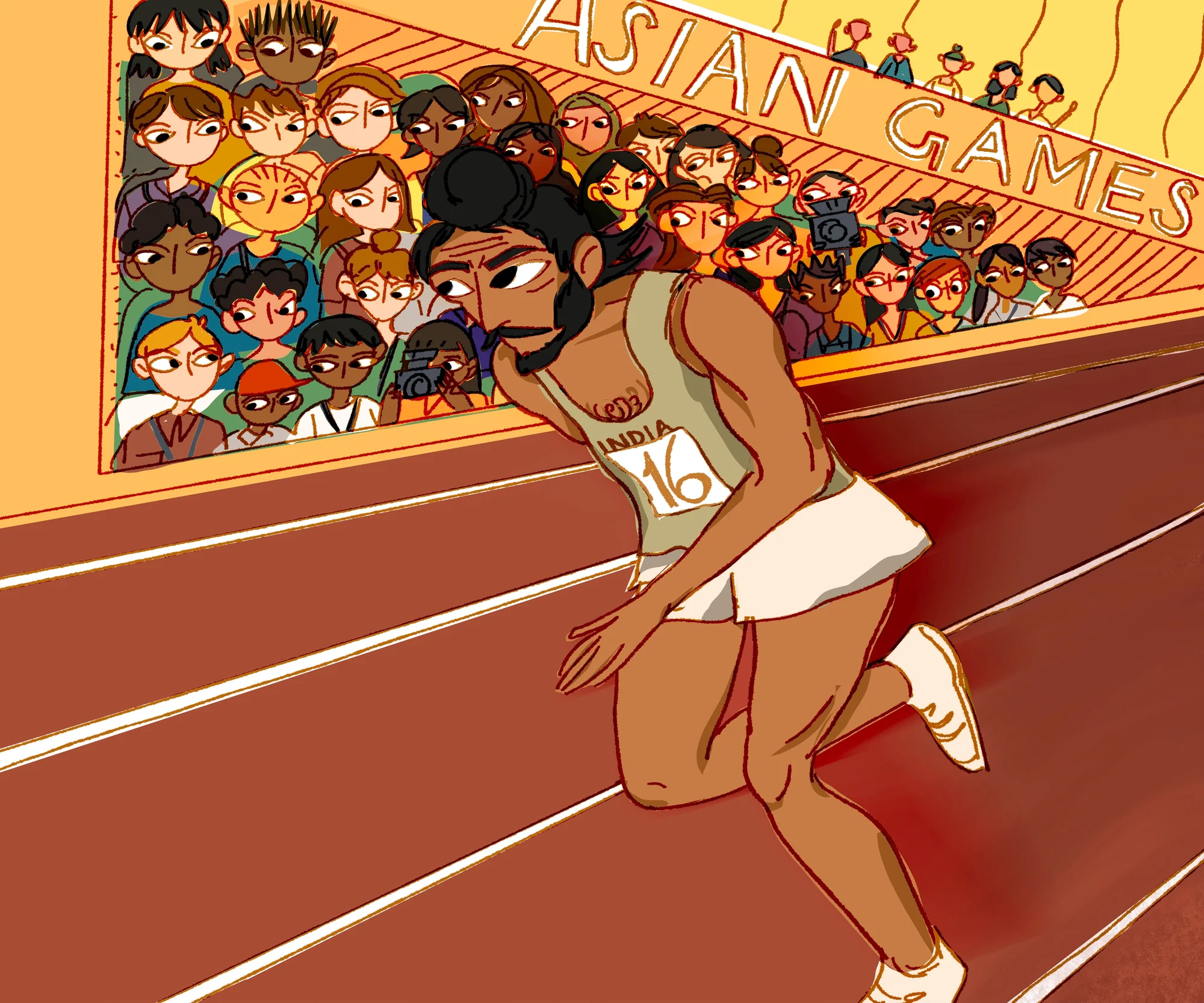 Illustration of a runner mid-run in a racetrack  wearing tan colored tanktop with “India 16” on it, shorts, and shoes. A crowd watches from the bleachers labeled “Asian Games”.