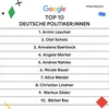 Eine Liste der trending Politkerinnen und Politiker: 1. Armin Laschet 2. Olaf Scholz 3. Annalena Baerbock 4. Angela Merkel 5. Andrea Nahles 6. Nicole Bauer 7. Alice Weidel 8. Christian Lindner 9. Markus Söder 10. Bärbel Bas