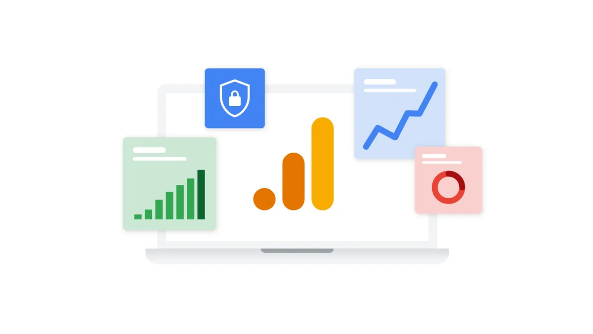 Laptop con el logotipo de Google Analytics en el centro e ilustraciones que representan la privacidad mediante el símbolo de un candado, una línea de barras y gráficos circulares.