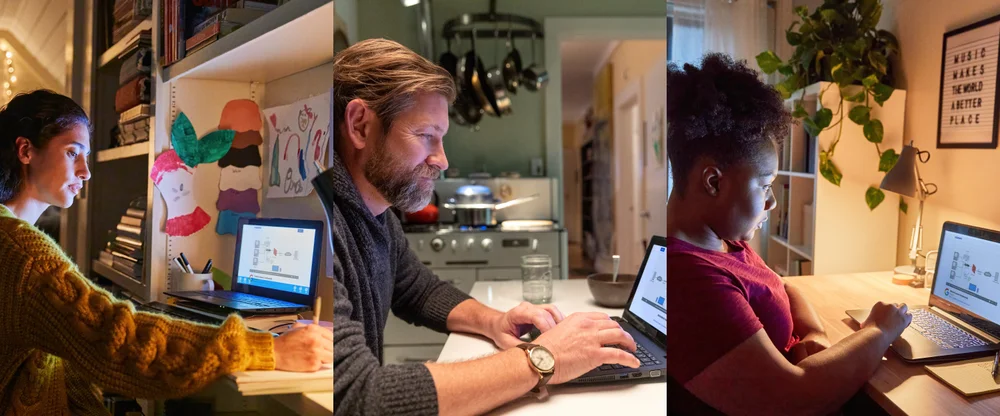 Collage of three photographs of three different people working on their laptops at home