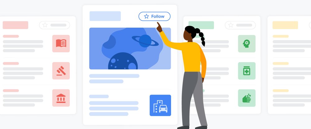 An illustration showing a woman engaging with News Showcase panels to understand the news