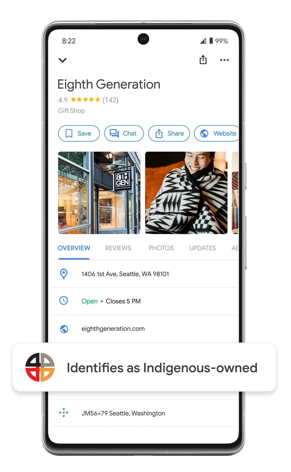 Eighth Generation business profile on Google Maps displaying the new Indigenous-owned attribute.