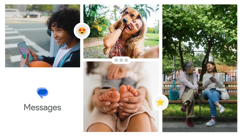 Graphic showing Messages app icon, plus emojis and photos of people
