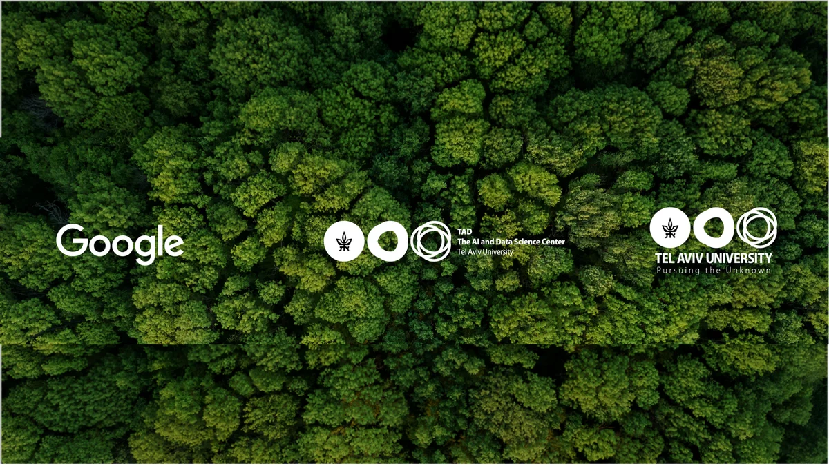 Green tree tops seen from above and white logos (Google, TAD, TAU)