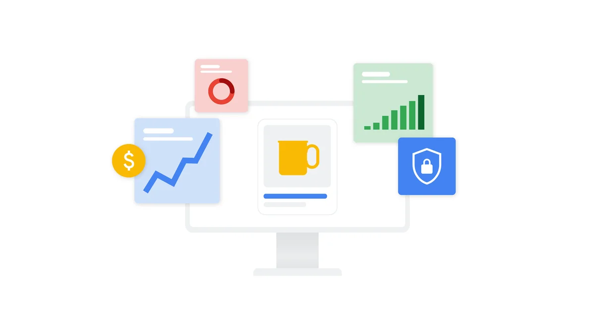 Image of a computer screen with five icons representing a line chart with a dollar sign, a pie chart, an ad for a mug, a bar chart and a blue shield.