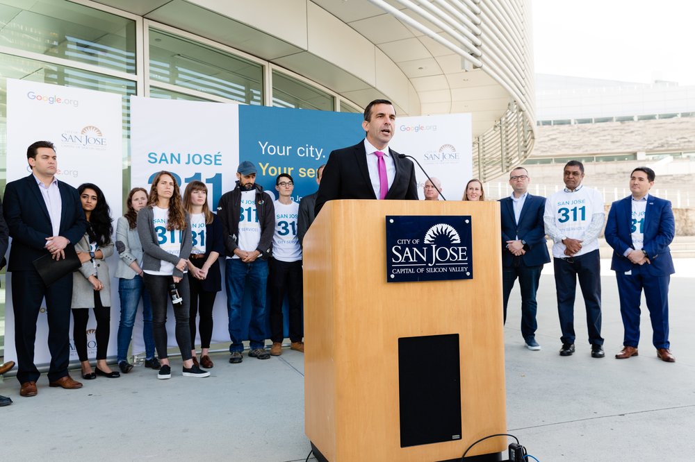 San José Mayor Sam Liccardo alongside other city officials and representatives from Google celebrating the inaugural National 311 Day last year. Photo credit: Jennifer Leahy Photography