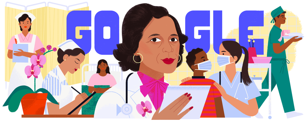 Illustrated Google Doodle featuring Dr. Ildaura Murillo-Rohde and other healthcare workers