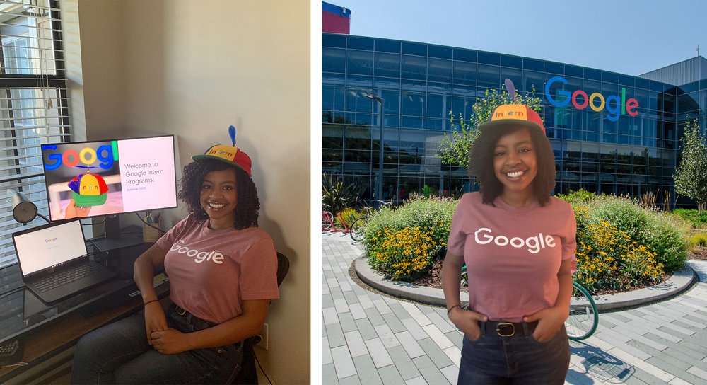 A photo of Tyler in her home, and an illustration of her "at" Google's campus.