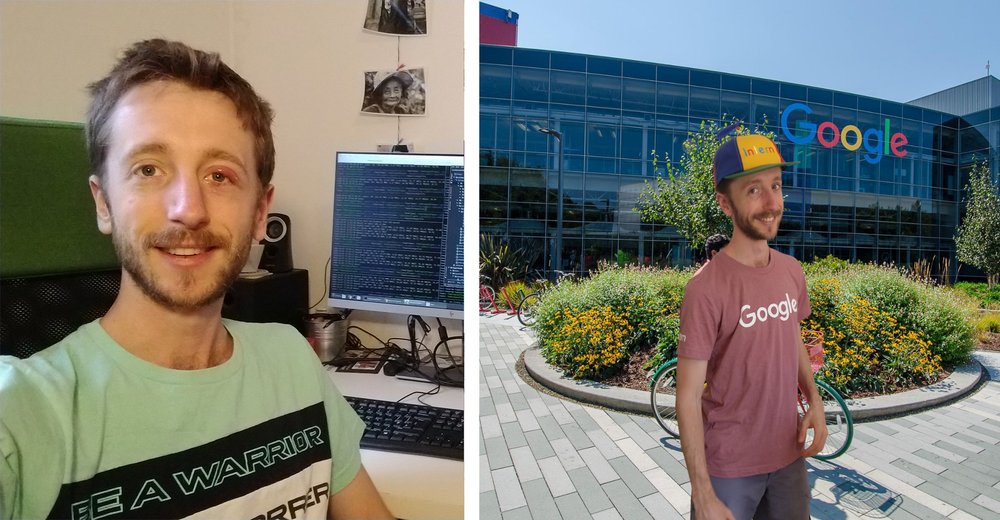 A photo of Federico in his home, and an illustration of him "at" the Google campus.