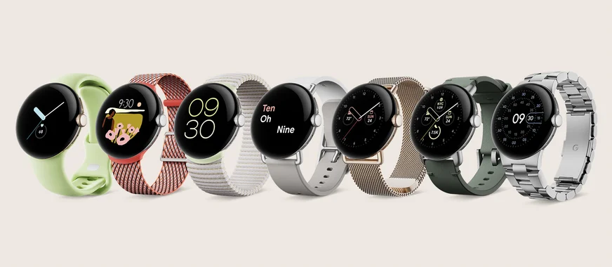Google Pixel Watch mit einer Vielzahl von Zubehör Armbändern, darunter Sport- Gewebt-, Elastisch-, zweifarbiges Leder-, Handgefertigtes Leder- sowie Metall-Milanaise und Metallglieder Armbänder (beide Metallarmbänder kommen im Frühjahr 2023).