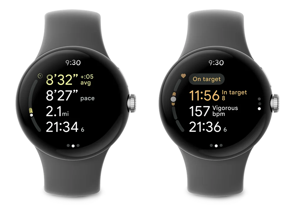 Two side-by-side images of the first-gen Pixel Watch showcasing Pace Training and Heart Zone Training.