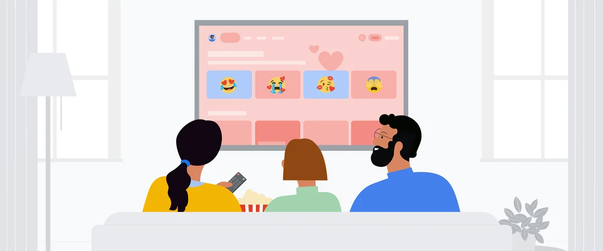 Illustration of three people sitting on a couch and looking at the Google TV Valentine’s Day collection emotion icons