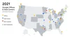 A map with pins showing the locations of Google's data centers and offices. 19 states are shaded to indicate new 2021 investments.