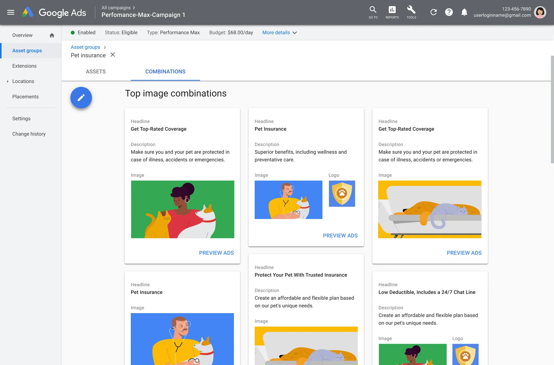 Image of the Combinations report in the Google Ads interface, titled “Top image combinations.” Below are six cards, each with a colorful illustration, including a woman with her cat and dog,  a dog being examined at the vet, and a dog and cat sleeping on the couch next to each other.  An example illustrated logo shows an animal paw superimposed on a shield. Text headlines are: “Get top-rated coverage”, “Pet insurance”,  “Protect your pet with trusted insurance” and “Low deductible, includes a 24/6 chat line.”  At the bottom right of each card is a blue link to preview each ad.