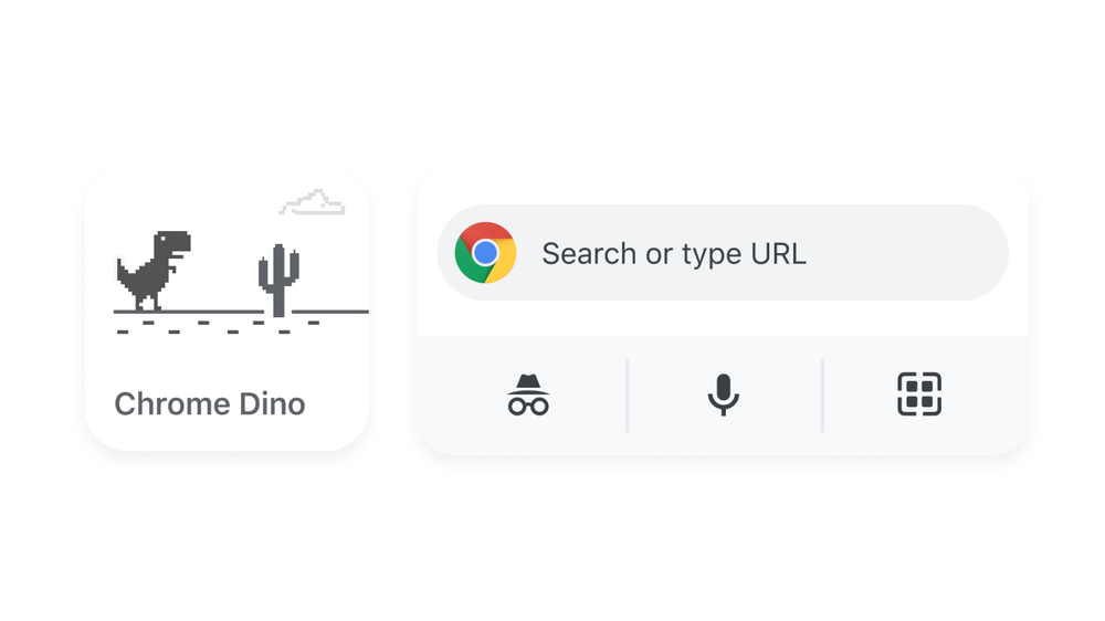 Image showing the Chrome Dino widget next to a Chrome widget showing the Search bar.