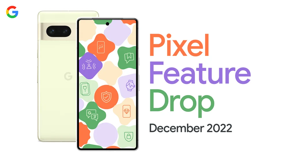 The front and back of a Pixel phone with the text "Pixel Feature Drop December 2022"